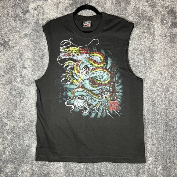 Vintage Top Heavy Y2K Shirt Mens Large Black Dragon Skater Tank Top Graphic Tee - Picture 1 of 6